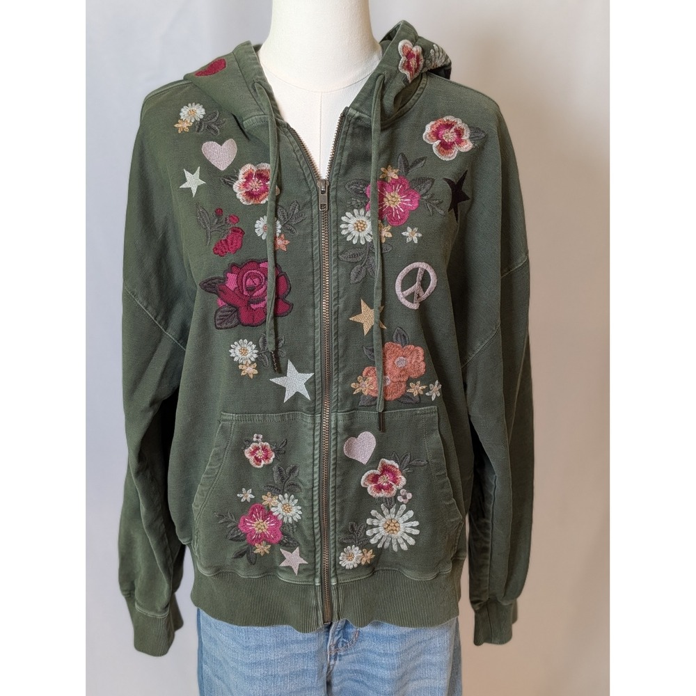 Olive Green Embroidered Floral Star Peace Sign Zip Up Hoodie Sweatshirt